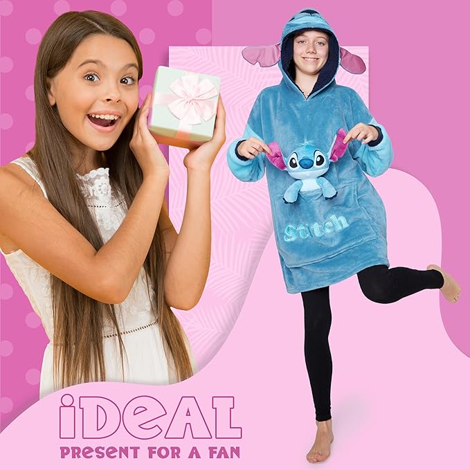 Disney Blanket Hoodie with Plushie and 3D Ears Wearable Comfy Oversized Sweatshirt Sherpa Fleece Blanket Gifts for Kids