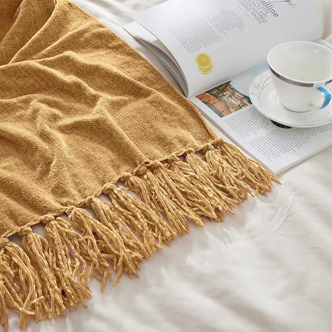 CozeCube Chenille Throw Blanket, Light Brown Fringe Blanket, 50"X60" | For Couch, Cozy Plush Fuzzy Decorative Blanket with Fringe Tassels, Lightweight Throws for Bed Sofa Gift Home Decor