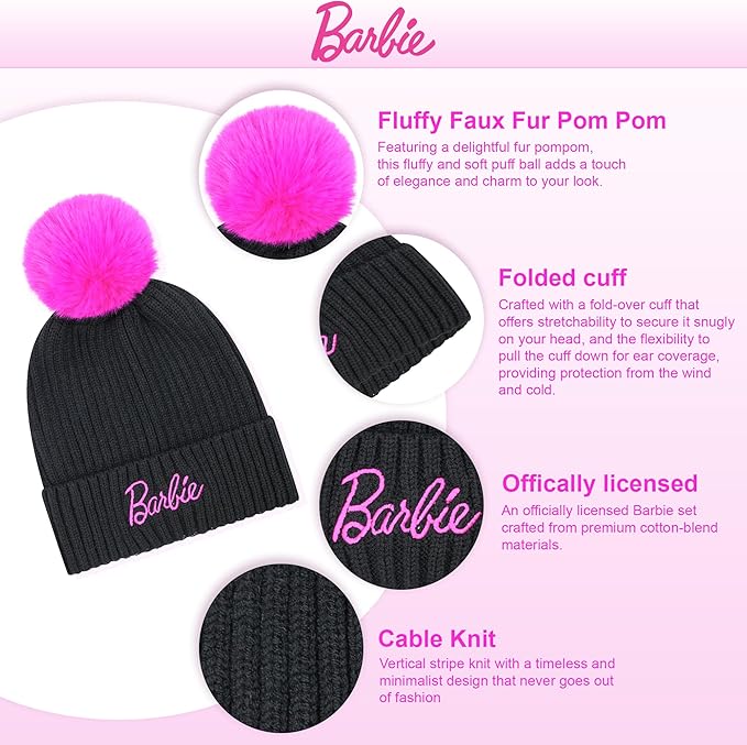 Barbie Winter Hat for Women – Winter Beanie Hats for Women with Gloves, Warm Beanie Hats, Pink Knitted Beanie