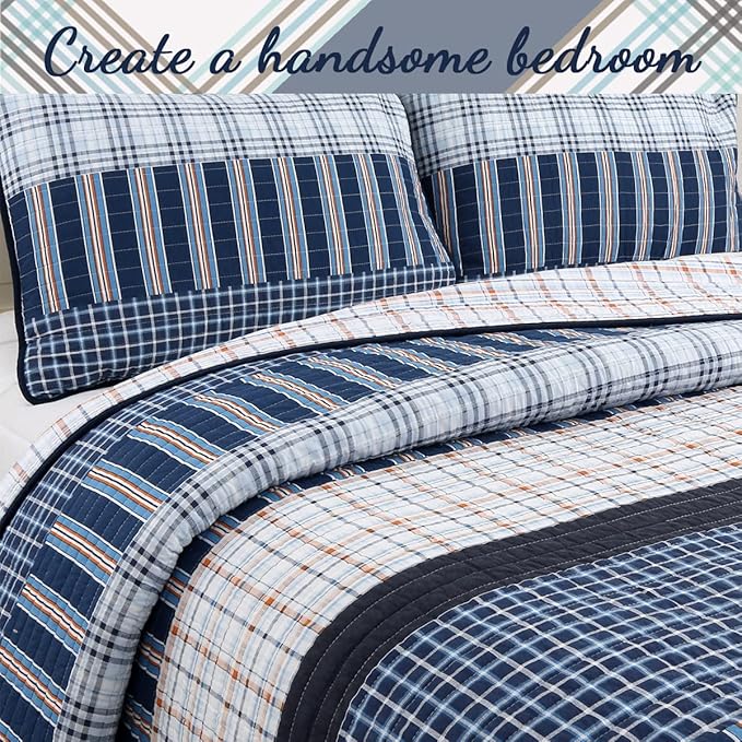Cozy Line Home Fashions Bennett Quilt Bedding Set, Navy Orange Grid Striped 100% Cotton Reversible Coverlet Bedspread (Navy Orange, Queen - 3 Piece)