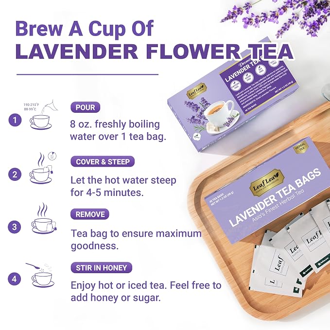 LeafLea Lavender Tea Bags, Pure Lavender Flower Herbal Tea, 40 Count | Just Real Lavender, Nothing Else, Soft Floral Aroma, Caffeine-Free, A Calming Cup Before Bed, Individually Foil-Wrapped