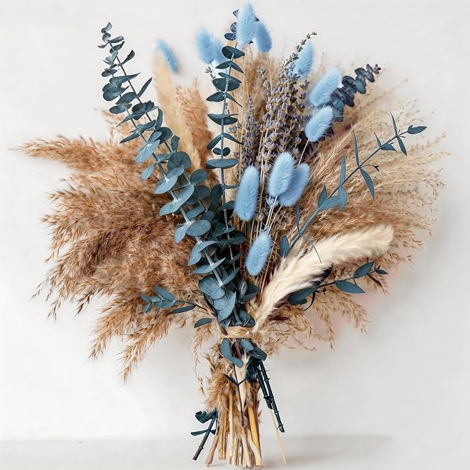 Dusty Blue Dried Flower Bouquet with Pampas Grass, Bunny Tails, Lavender and Eucalyptus, Beige Boho Floral Arrangement for Vase, Wedding Centerpiece, Bedroom and Coastal Home Decor