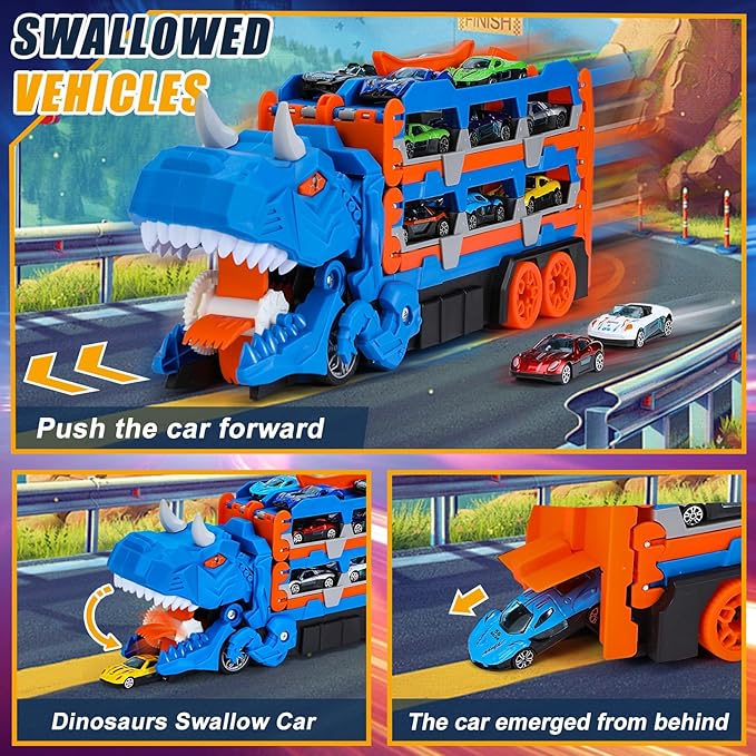 MUGEYMYD Dinosaur Toys Car Race Track Set for Toddlers 3-12, City Transport Truck with 12 Die-Cast Cars, Transforming Dino Truck Set with Foldable Tracks and Swallow, Gift for Boys and Girls.