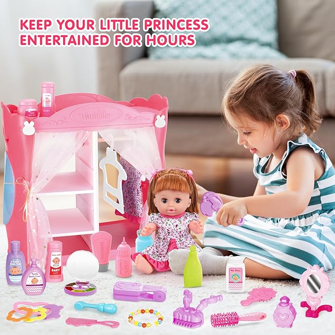 14" Baby Dolls Toy Playset with Wardrobe Bed, 37PCS Beauty Hair & Babies Doll Care Toy Set, Toddler Toys Pretend Play Doll Incl Hair Salon Kit, Dolls Clothes, Baby Gift for 3 4 5 6+ Year Old Girl Boy