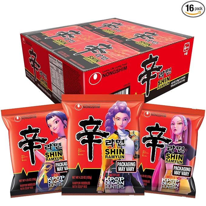 Nongshim Shin Ramyun Noodles, Spicy Korean Signature Instant Ramyun, Rich Beef Flavored Broth, Microwaveable, Korean Instant Noodles, 4.23 oz (Pack of 16), Packaging May Vary