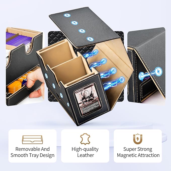 UAONO MTG Deck Box with 2 Commander Display and Dice Tray-Patented Design, Double Deck Box for 280+ Single Sleeved Cards, Leather Magnetic Card Storage Box Fits for TCG CCG Magic Cards (Black&Khaki)
