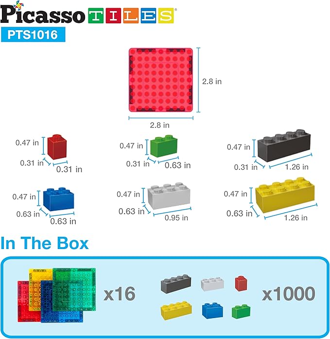 PicassoTiles 1016pcs Magnetic Tile & Building Brick Combo Construction STEM Toy Magnet Tiles for Creative Play Educational Toys for 3+ Large Bricks for Toddlers Compatible with Major Brands PTS1016