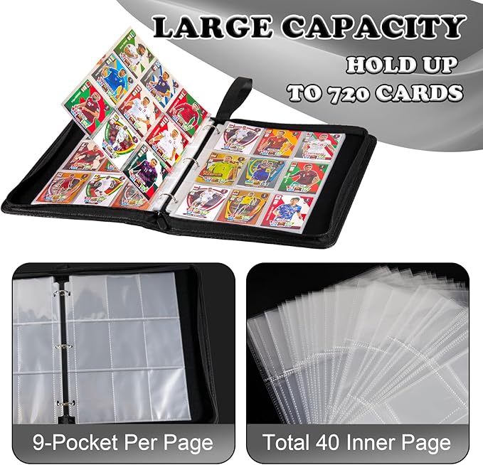 LIMSTDIC Card Binder for Pokemon Card, 9 Pocket 40 Double-Sided Pages for 720 Card Pocket Premium Zip PU Card Binder for Pokemon, Collectible For TCG,MTG,Baseball,Football Trading Card Game(Black)