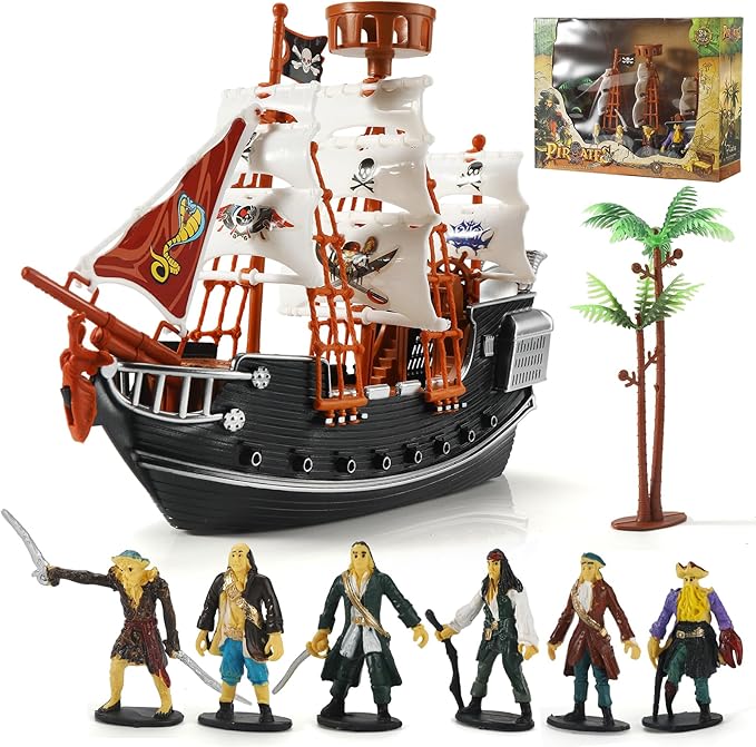 Pirate Action Figures Boat Playset Pirate Pretend Toys Pirate Ship with 6 Action Figures & Tree, Play Toy for Kids, Educational Learning Toys with Figurines,Trees and Boat- Gifts for Boys and Girls