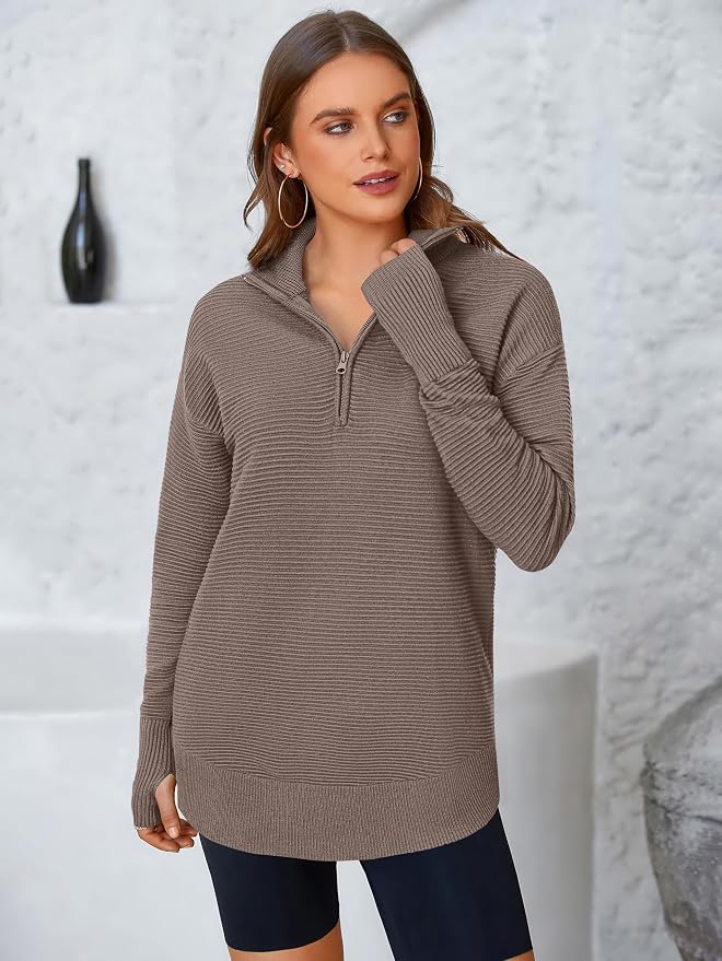PRETTYGARDEN Womens Long Sleeve Quarter Zip Pullover Sweater Casual Loose V Neck Collared Ribbed Knit Jumper Tops Thumb Hole