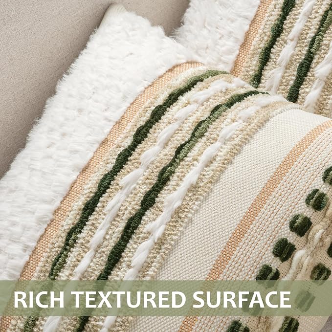 ANRODUO Boho Decorative Throw Pillow Covers Plush Green 20x20 Pack of 2 | Chenille Tufted Couch Pillow Covers, Farmhouse Pillow Covers, Accent Neutral Pillowcase, Cushion Covers for Couch Sofa Bed