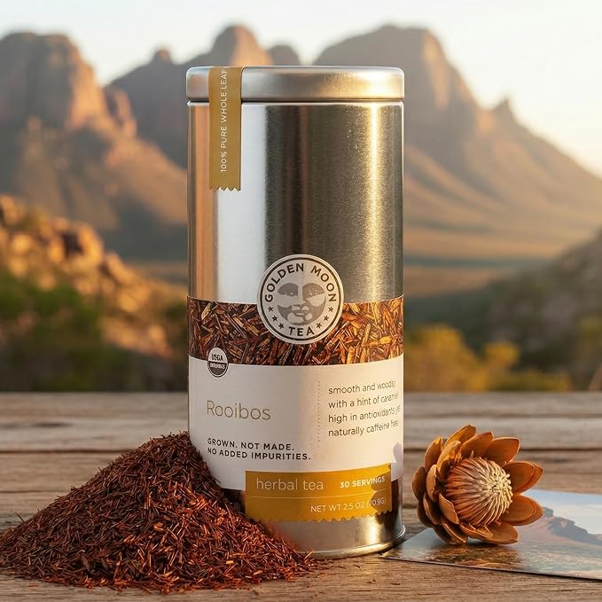 Golden Moon Organic Rooibos Tea Travel Tin – 30 Servings Caffeine Free | Organic South African rooibos – naturally caffeine-free, full-bodied, low tannin. Airtight travel tin, 30 servings.