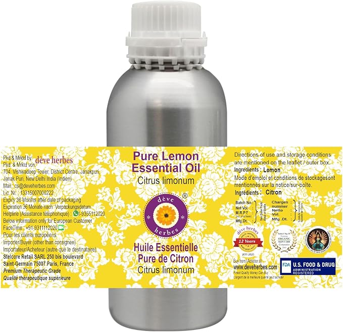 Deve Herbes Pure Lemon Essential Oil (Citrus limonum) Steam Distilled 630ml (21 oz)
