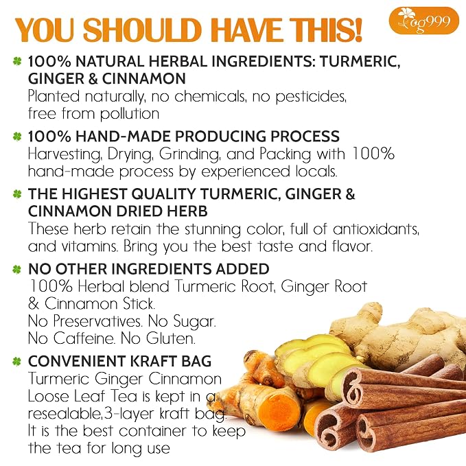 TOG999, Premium 20oz Ginger Turmeric Cinnamon Loose Leaf Herbal Tea - Premium Quality Spiced Herbal Blend – Caffeine-Free, Non-GMO, Natural Dried Roots and Bark. Vegan-Friendly.