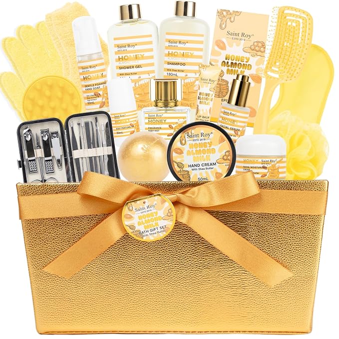 34Pcs Spa Gift Set for Women Men, Honey Almond Milk Bath & Body Gift Basket | Face Skin Care Kit, Home Spa Self Care Kit, Self-Care Gift, Pamper Kit Birthday, Christmas, Mother Day, Anniversary, Husband