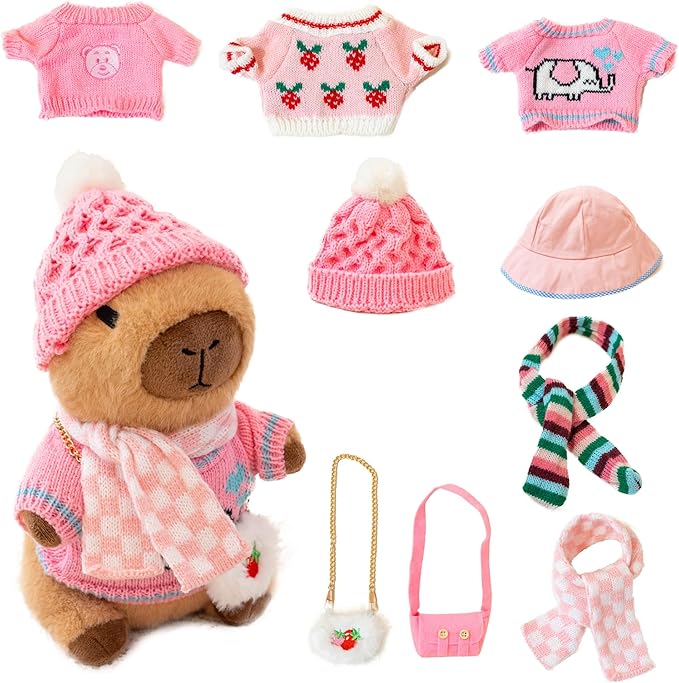 Capybara Plush with 10 Pcs Clothes & Accessories,Christmas Stuffed Animals, 10.2 in Cute Capybara Plush Toys,Birthday Gifts&Dress Up Cute Plushies for Boys/Girls (Spring-B)