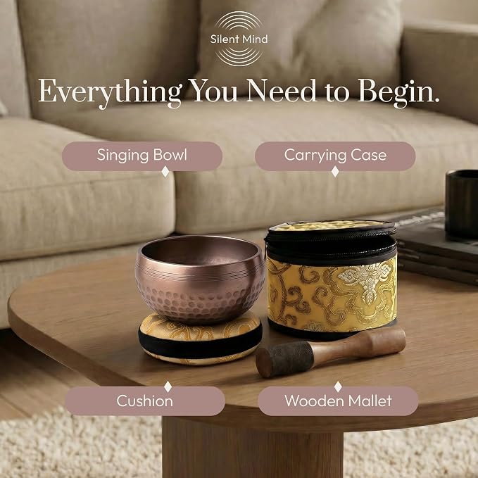 Silent Mind Tibetan Singing Bowl Set – Easy to Play & Beginner Friendly Meditation Bowl with Cushion, Mallet & Case | Stress Relief & Mindfulness | Gift-Ready