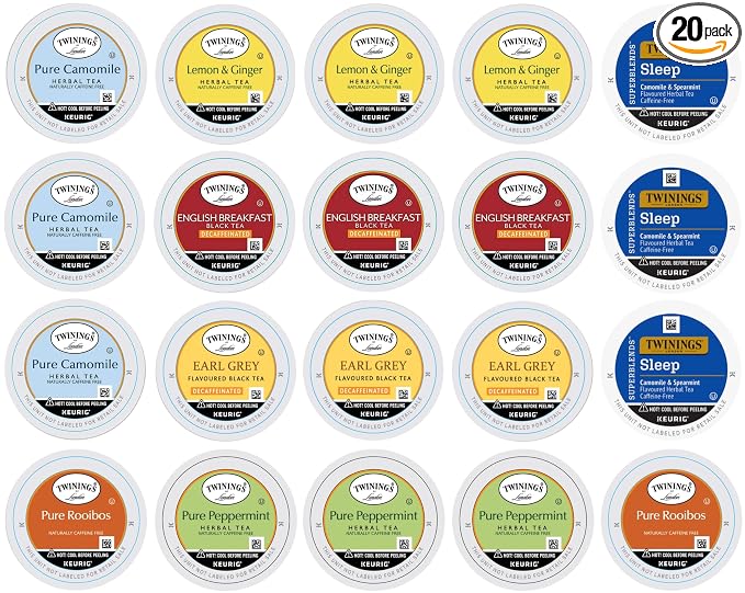 Twinings 20 Count Herbal & Decaffeinated Sampler Assorted Keurig 2.0 K-Cups – Perfect Gourmet Gift Set