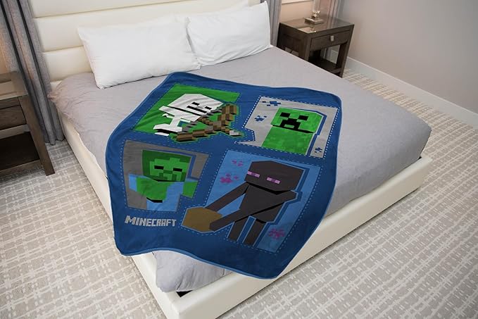 Jay Franco Plush Throw Blanket – 46" x 60" Inch Cartoon Kids Soft & Cozy Fleece Throw for Bedroom & Couch Décor, Official Licensed Product, Blue - Minecraft