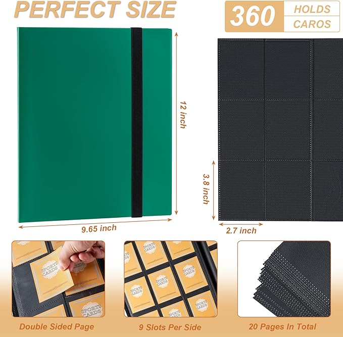 Card Binder 9 Pocket Storage 360 Card Binder,Trading Card Binder Senior and Sturdy Side-Loading Album,Intended For YuGiOh,MTG, TCG,Game Cards & Baseball Card Binde,(Green)