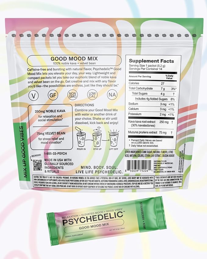 Psychedelic Water Calming Kava Drink Mix - Kava kava Flavored Drink Mix - Easy Open Single-Serving - Flavored Kava - Mucuna Pruriens - Stevia - Adaptogen Mocktails - 14 Sticks - Strawberry Kiwi