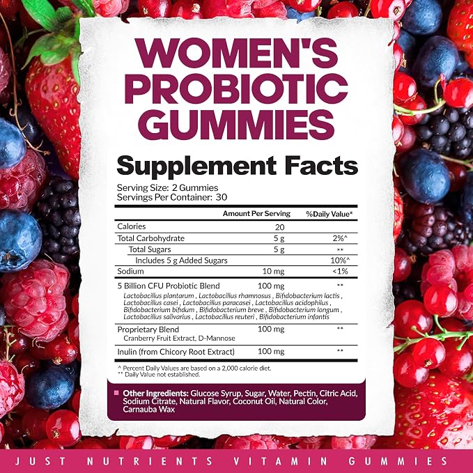 Just Nutrients Women's Probiotic Gummies with Prebiotics | 12 Strains – Digestive, Immune, Vaginal & Urinary Tract Health Support – Natural Mixed Berry Flavor, 60 Gummies