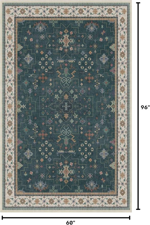 Hazo Haus Dark Green Oushak 5x8 Living Room Rug - Modern Vintage Boho Eclectic Floral Pastel, Washable Low Pile Non-Slip Large Area Rugs for Nursery Dining Under Table Bedroom Lounge