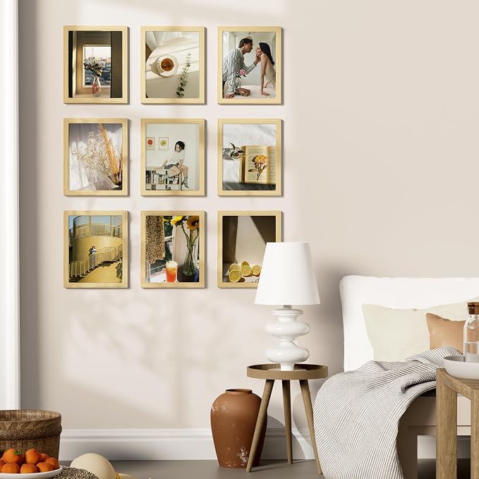 Vittanly 8x10 Picture Frames Set of 9, Shatter Resistant Plexiglass, Display 5x7 Pictures with Mat or 8x10 without Mat, Photo Frames for Wall or Tabletop, Engineered Wood, OAK