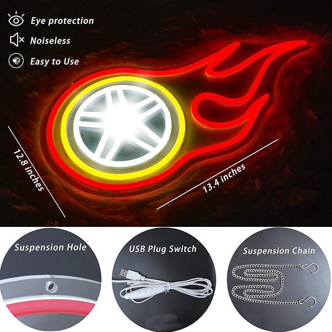 Car Wheel Neon Sign Flame Wheel Neon Light LED Garage Decor for Man Cave Game Room Bar Dimmable Racing-Themed Lighting USB Powered Acrylic Neon Sign for Party Birthday Gift