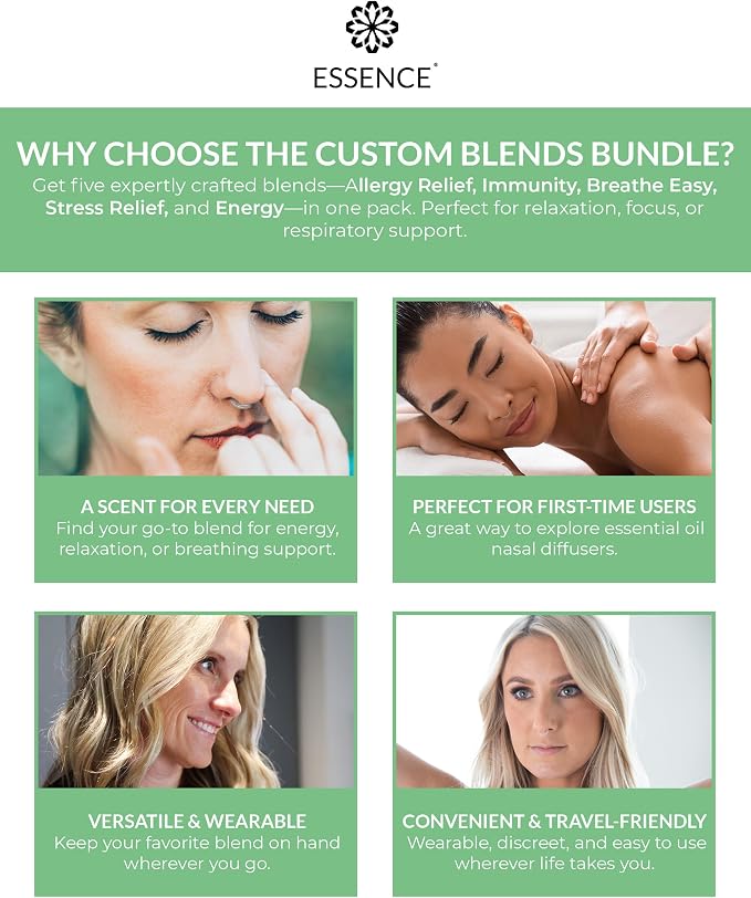 HONÉ Essence Nasal Diffuser Custom Blends Bundle – Essential Oil Silicone Nose Rings for Energy, Immunity, Stress & Allergy Relief – Wearable Aromatherapy for Daily Wellness & Relaxation
