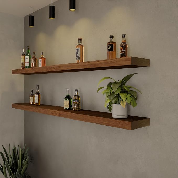 ROGMARS 60 Inches Long Walnut Floating Shelves | Rustic Solid Wood Farmhouse Wall Shelves with Invisible Brackets for Bathroom, Living Room, Bedroom, Kitchen Set of 2