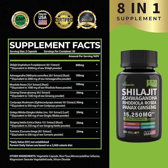 Shilajit and Ashwagandha Capsules, 8-in-1 Herbal Multivitamin for Men and Women, with Rhodiola Rosea, Ginseng, and Stinging Nettle, Shilajit for Men and Women