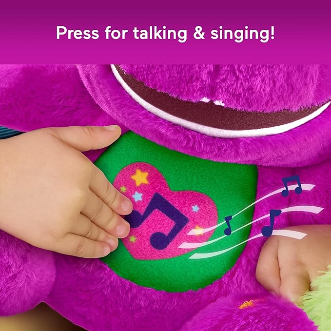 Barney’s World Toddler Toys by Fisher-Price, Barney Tall Plush, 10.5 -inch Figure with Sounds, Soft Texture for Play, Kids Ages 2+ Years
