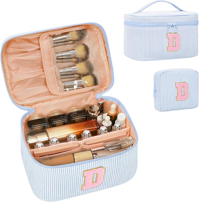 MONSTINA Monogram Cosmetic Bag with Brush Holder,Gifts for Girls Teen Girls-Initial Makeup Bag|Personalized Gifts for Women Friends|Cute Toiletry Make Up Traveling Stuff Organizer 2PCS Blue D