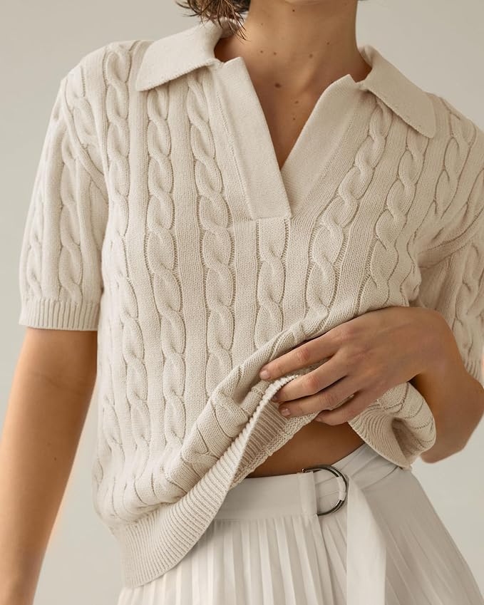 Imily Bela Womens Cable Short Sleeve Sweaters Tops Lapel V Neck Knit Shirt | Solid,Knit Casual,Soft Pullover,Fall Sweaters,Womens Summer Work Tops