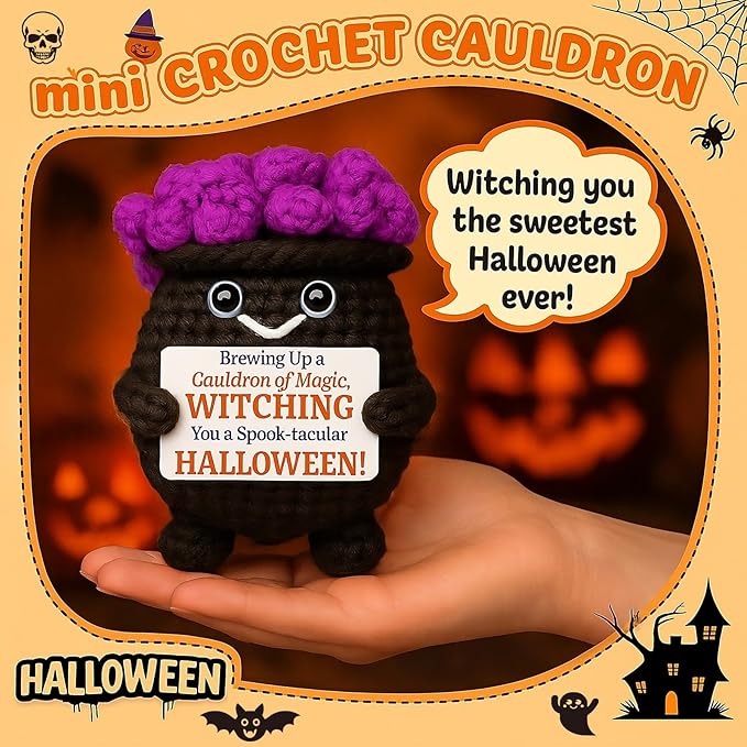 MAMAGIFTREE Crochet Cauldron Plush - Spooky Cute Halloween Decorations for Witchy Desk Decor, Mini Amigurumi Figurine for Tiered Tray, Kawaii Witchy Gift