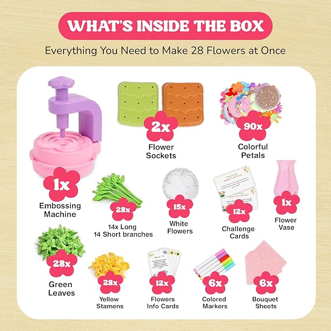 oPapaya Fabric Flower Bouquets Toys for Girls - DIY Kits for Kids w/Markers & Cards - Arts & Crafts for 4 5 6 7 8 Year Toddler Girl - Educational Toys - Art and Craft Kits for Girls