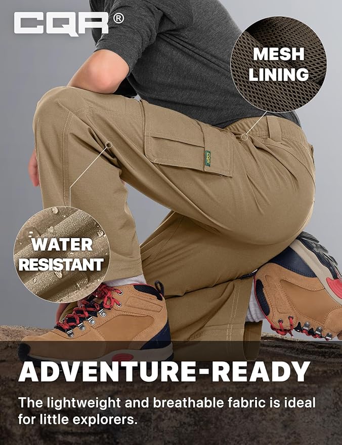 CQR Kids Boy’s Hiking Cargo Pants, Water Resistant UPF 50+ Quick Dry Youth Casual Outdoor Climbing Camping Trousers