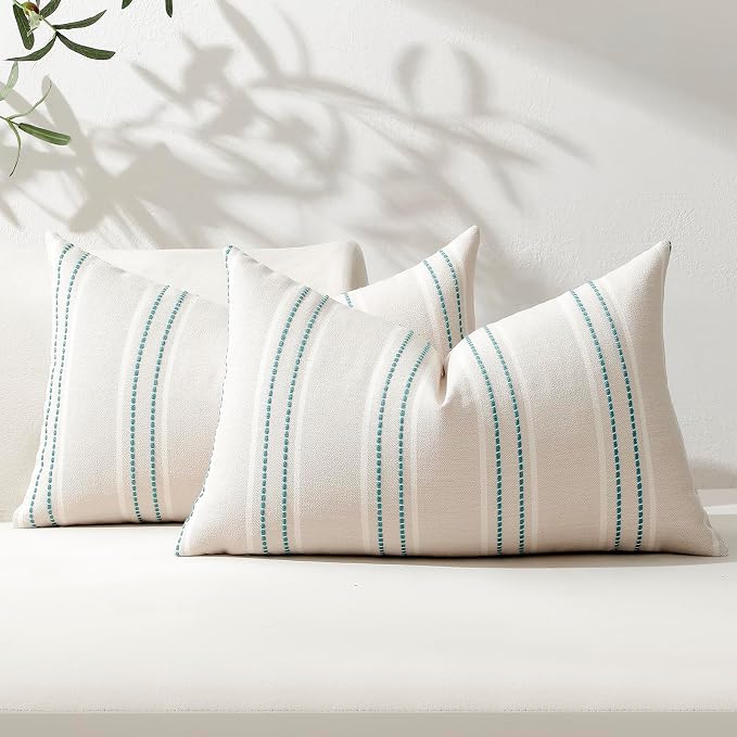Hckot Stripe Throw Pillow Covers 18x18 Set of 2 Teal Blue Pillow Covers | Farmhouse Decorative Pillows Textured Linen Square Cushion Covers for Sofa Couch Bed Living Room Decor