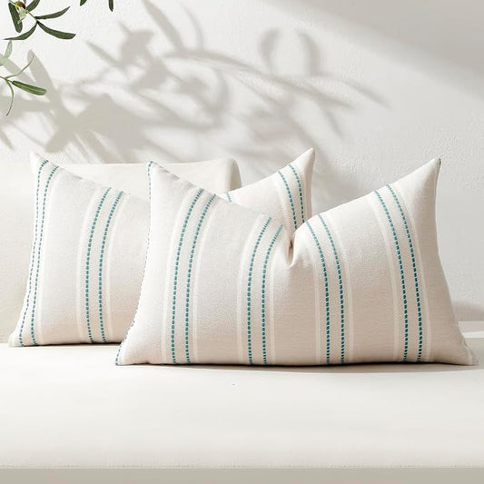 Hckot Stripe Throw Pillow Covers 18x18 Set of 2 Teal Blue Pillow Covers | Farmhouse Decorative Pillows Textured Linen Square Cushion Covers for Sofa Couch Bed Living Room Decor
