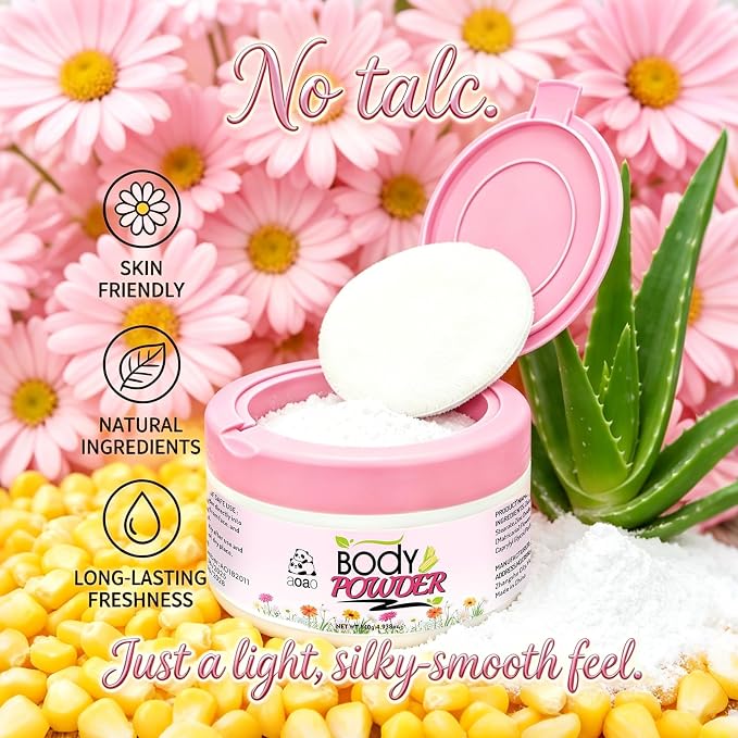 Women's Body Powder for Sweat, Help Reduce Post-Shower Dampness, Talc-Free Body Powder with Puff, Chamomile & Aloe for Soothing, Sweat Absorbs & Anti-Chafing for Sensitive Skin Daily Care, 140g/5oz