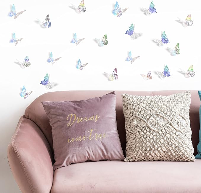 SAOROPEB 3D Butterfly Wall Decor 48 Pcs Laser Butterfly Birthday Decoration | 4 Styles 3 Sizes, Butterfly Party Decorations Cake Decorations, Removable Stickers