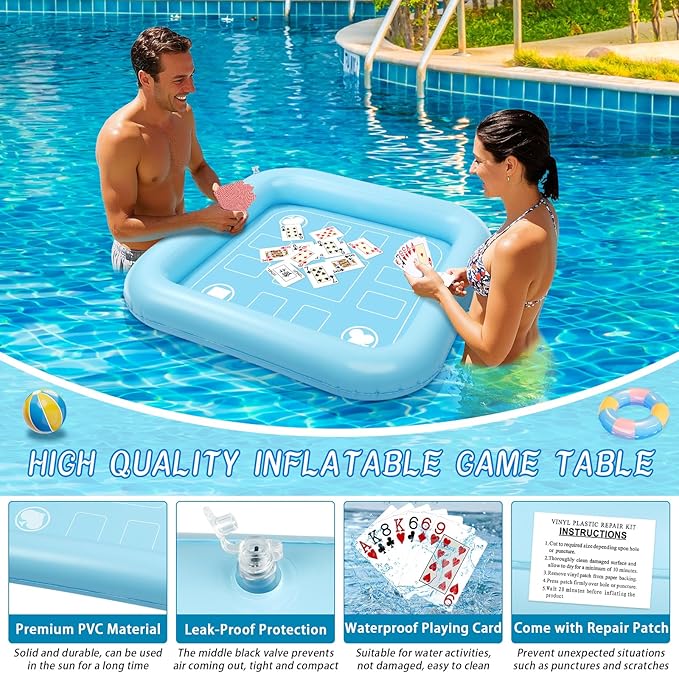 Floating Table for Pool Game with Waterproof Playing Cards, 35.5 x 35.5 in Floating Card Table for Pool, Inflatable Floating Pool Game Table for Adults Family Party (Blue)