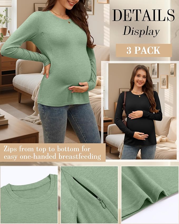 3 Pack Nursing Tops for Breastfeeding Maternity Shirts Zipper Long Sleeve Round Neck Knit Casual Nursing Clothes