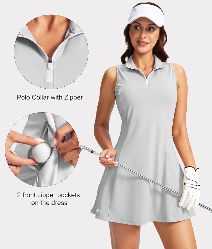 Viodia Women's Tennis Golf Dress with Shorts | Active, Exercise, Workout, Sports, Athletic, Dresses for Women, with Zipper Pockets