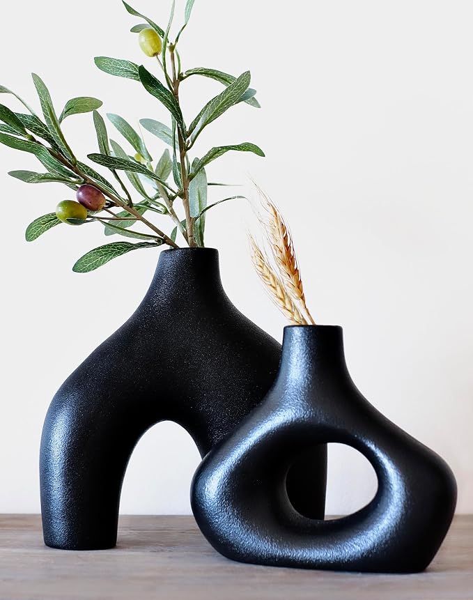 Carrot's Den Black Ceramic Modern Vase Set of 2, Donut Shelf Decor, Black | Pair for bookshelf and bookcase decor, mantel styling, or home staging. Holds dried stems and faux plants indoor.