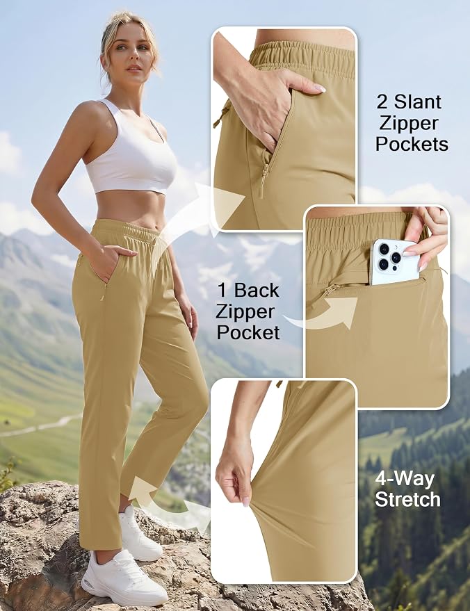 MAGCOMSEN Women's Hiking Pants Lightweight Quick Dry UPF 50 Water Resistant Elastic Waist Golf Travel Pants Zip Pockets