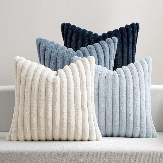 MIULEE Faux Fur Plush Decorative Throw Pillow Covers 20x20, Navy Blue | Set of 4, Striped, Soft Coastal Modern Cozy Home Decor, Cushion Cases for Sofa Couch Bed Living Room