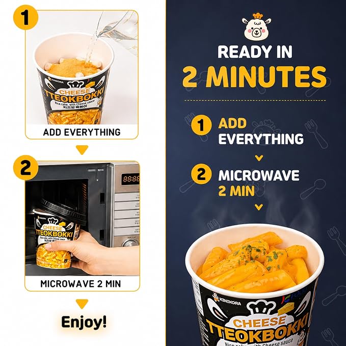 KINIKORA Cheese Instant Rice Cake Cup Snack, Korean Street Food Tteokbokki | Rich cheesy creamy sauce, Topokki style K-food, Chewy texture, Quick 2 min microwave cup meal