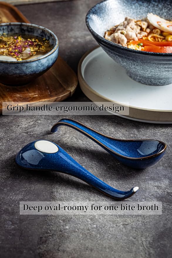LYEOBOH Soup Spoons set of 6, Chinese Deep Soup Spoon - 6.5 inch Ceramic Korean Tablespoons for Ramen, Rice, Noodle, Asian Spoons with Deep Hook Design, Vintage Blue